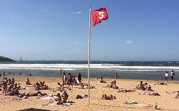 Bandera roja en la playa de San Lorenzo, en Gijón.
