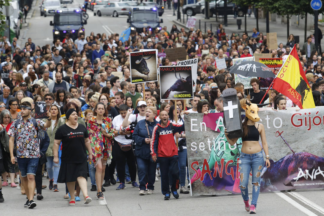 Las calles de la ciudad se llenaron de pancartas para protestar por los festejos taurinos que consideran una «tortura a los animales»