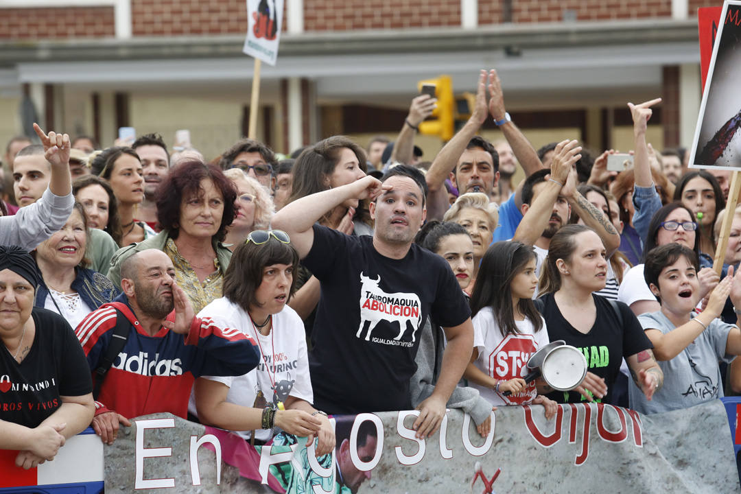 Las calles de la ciudad se llenaron de pancartas para protestar por los festejos taurinos que consideran una «tortura a los animales»