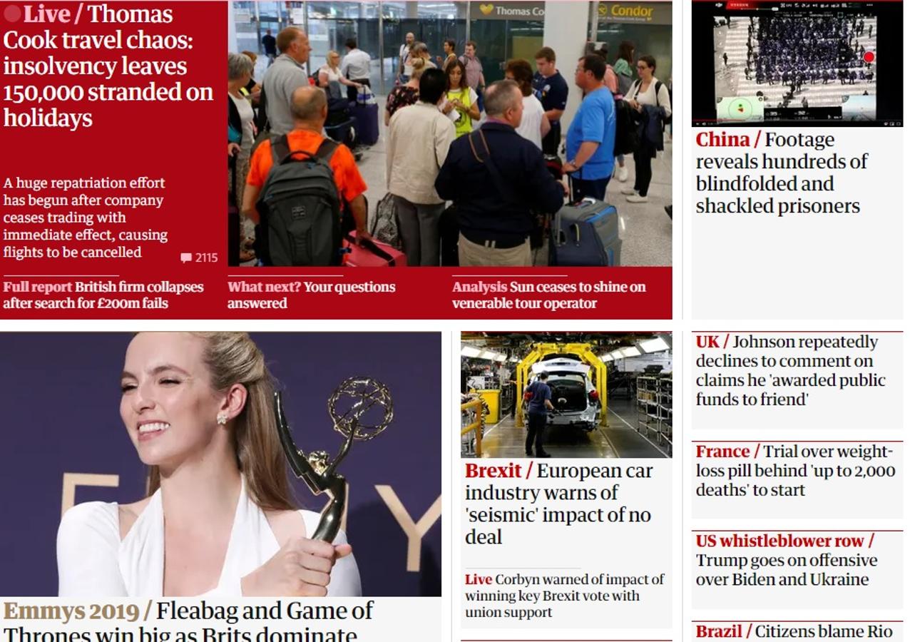 The Guardian destaca que la bancarrota del gigante de viajes deja 150,000 turistas 'tirados' durante sus vacaciones. La Autoridad de Aviación Civil (CAA) dijo que el gobierno le había pedido que lanzara un programa de repatriación durante las próximas dos semanas, comenzando el lunes y hasta el domingo 6 de octubre, para llevar a los clientes de Thomas Cook de regreso al Reino Unido.