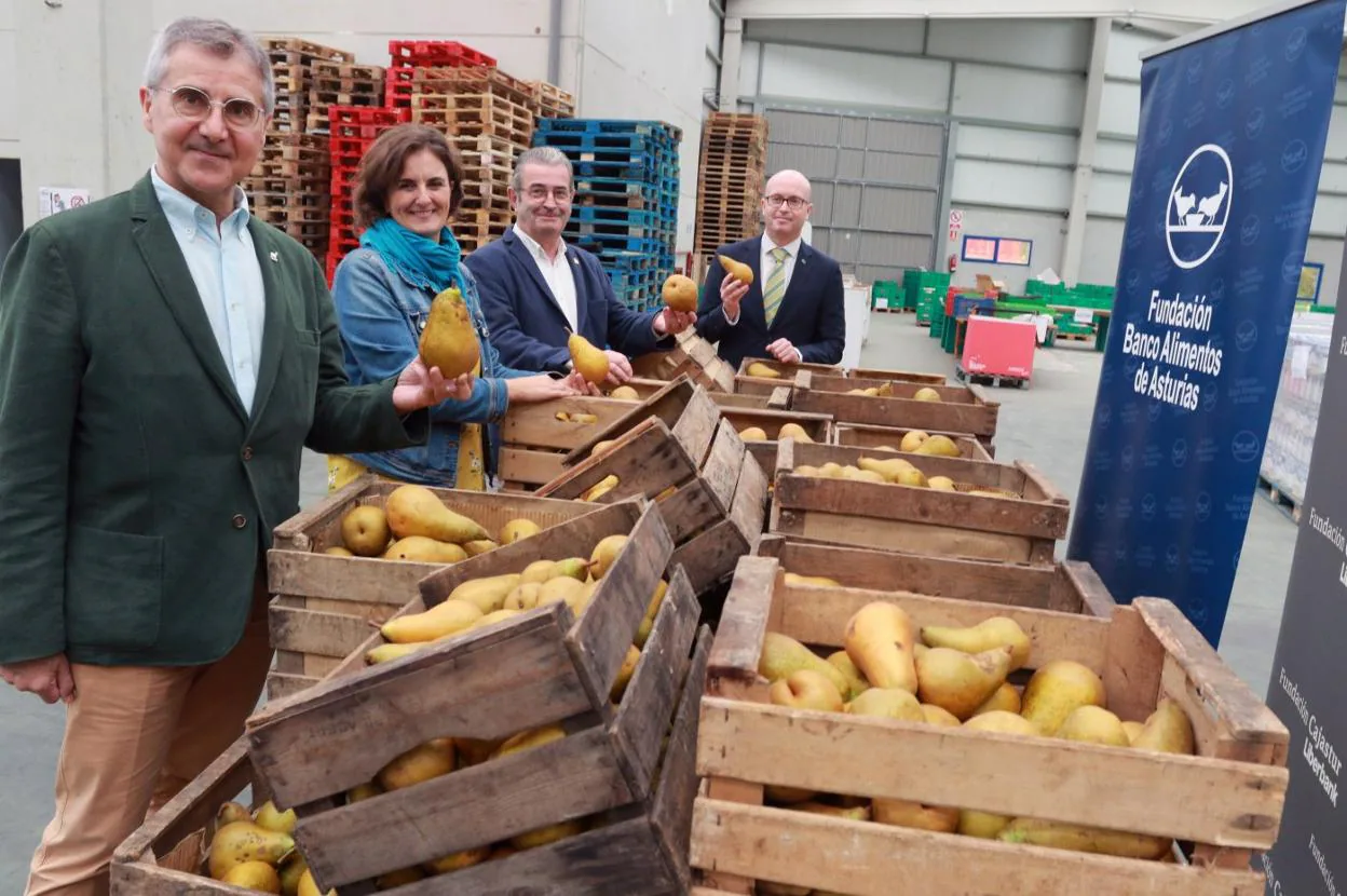 Carlos Siñeriz, María Velasco, Bernardo Sopeña y José Marcos Fernández, durante la entrega de la donación :: PARDO