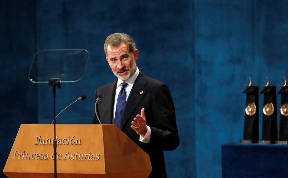 El rey Felipe VI durante un momento de su discurso en la entrega de los Premios Princesa de Asturas 2019