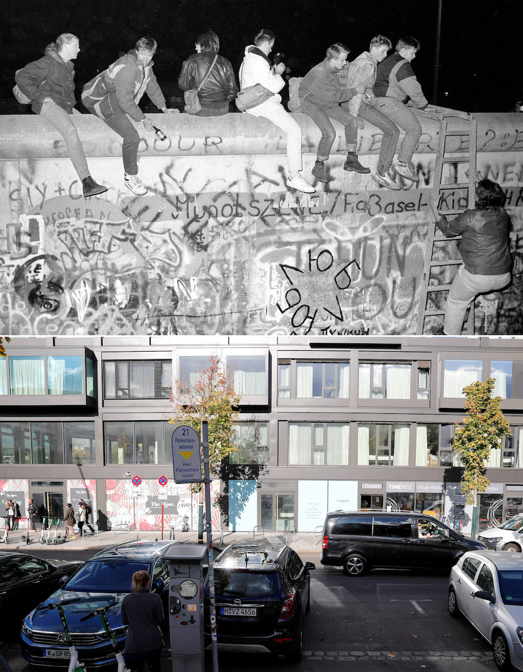 Al cumplirse treinta años de la caída del muro de Berlín, estas imágenes muestran cómo eran entonces y cómo son ahora algunos de los lugares más emblemáticos de la ciudad.