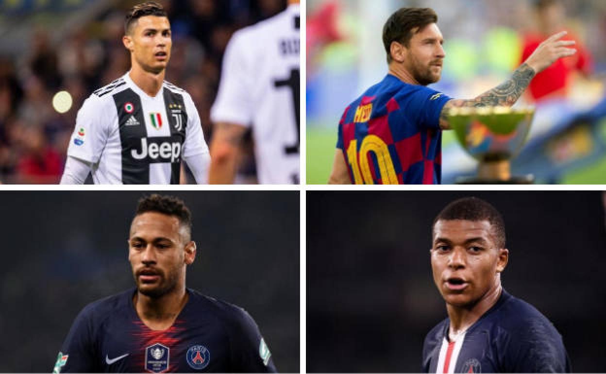 De izquierda a derecha y de arriba a abajo: Cristiano Ronaldo, Messi, Neymar y Mbappé 