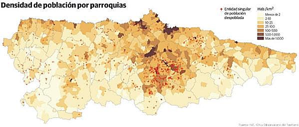 Densidad de población por parroquias. 
