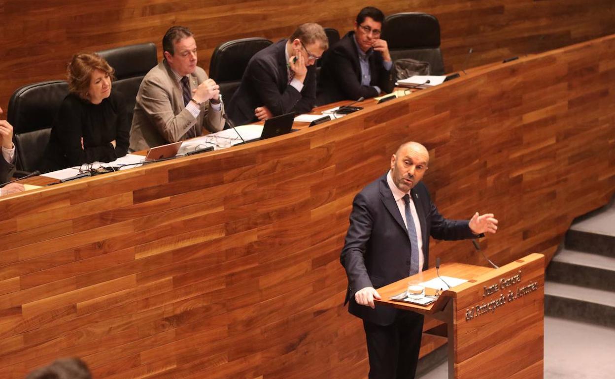El consejero de Medio Ambiente y Cambio Climático, Juan Cofiño, durante una intervención en el Pleno de la Junta General del Principado. 