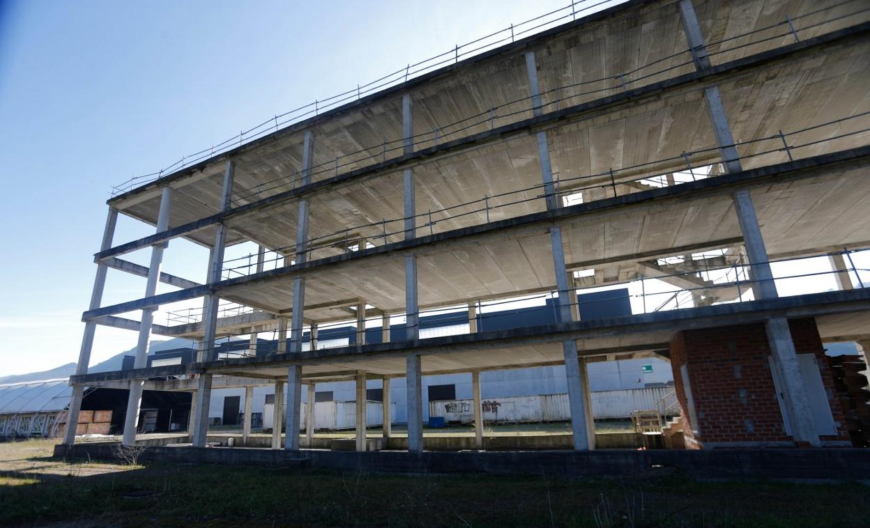 Una de las naves sin acabar en el polígono de Olloniego-Tudela. 