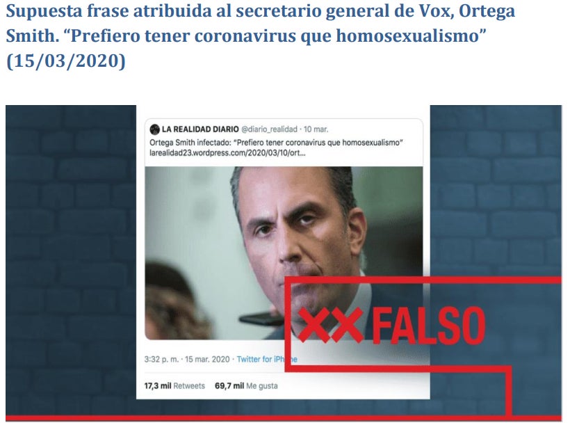 No hay pruebas de que Javier Ortega Smith dijese esta frase: "Prefiero tener coronavirus que homosexualismo". 