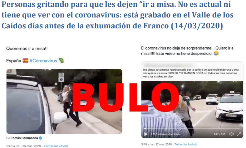 El vídeo en el que aparecen personas gritando para ir a misa no se corresponde con la crisis del coronavirus. El suceso se produjo días antes de la exhumación de Franco del Valle de los Caídos. 