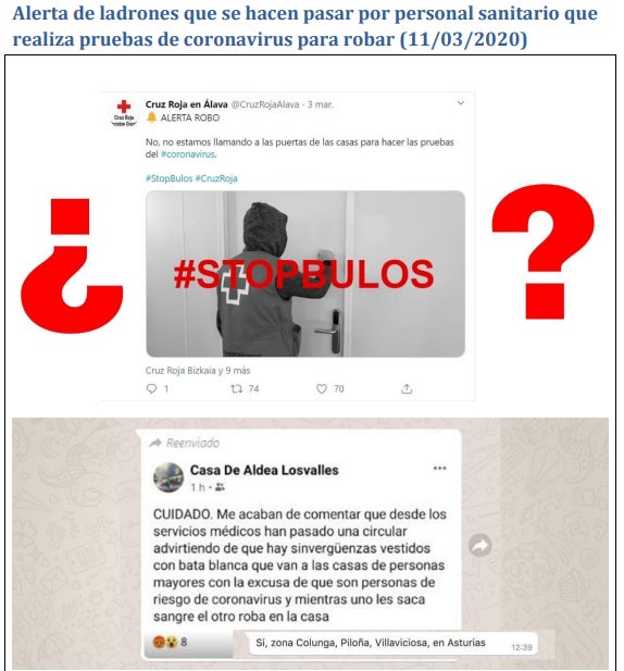 Alerta de ladrones que se hacen pasar por personal sanitario que realiza pruebas de coronavirus para robar. Cruz Roja no está realizando pruebas casa por casa. ¡Cuidado!
