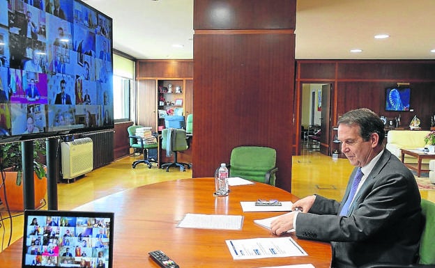 El presidente de la FEMP, AbelCaballero, en la videoconferencia que ayer mantuvo la junta de gobierno de este organismo con la vicepresidenta Teresa Ribera y los ministros Carolina Darias y Salvador Illa. femp