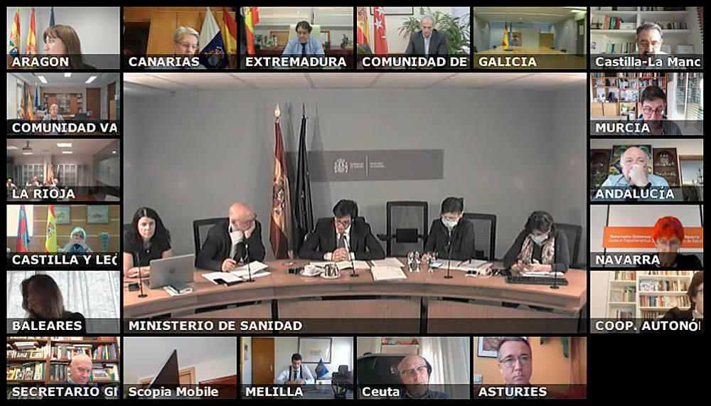 Fotograma de la videoconferencia, con el consejero asturiano Pablo Fernández en la parte inferior derecha.