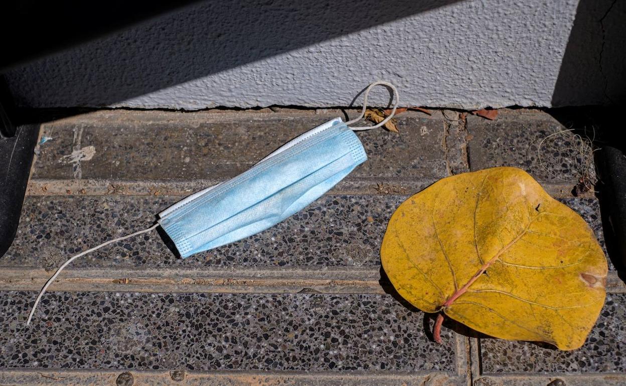 Una mascarilla tirada en el suelo. 