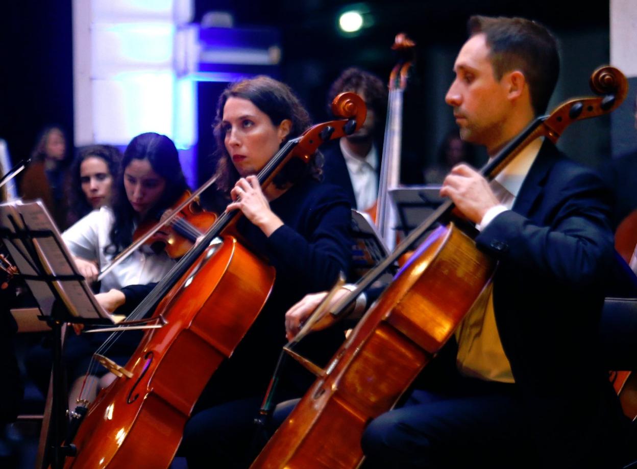 La profesora de la Universidad de Oviedo, Emma Quijada, al chelo durante un concierto en la nave de Cañones de la fábica de armas con motivo de la entrega de los premios Princesa. 