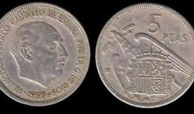 5 pesetas de 1957, los famosos 'duros'.