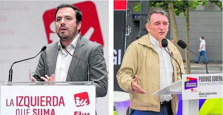 Alberto Garzón (a la izquierda) y Enrique Santiago (a la derecha), en sendos actos de Izquierda Unida. 