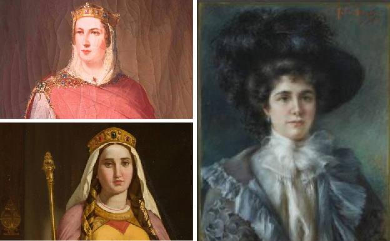 Arriba, Ermenesinda, reina de Asturias, pintada por Joaquín Gutiérrez de la Vega, cedida al Museo de Covadonga. Abajo, Adosinda, reina de Asturias, por Isidoro Santos Lozano, cedida al Museo de Covadonga. A la derecha, autorretrato de Julia Alcayde. 
