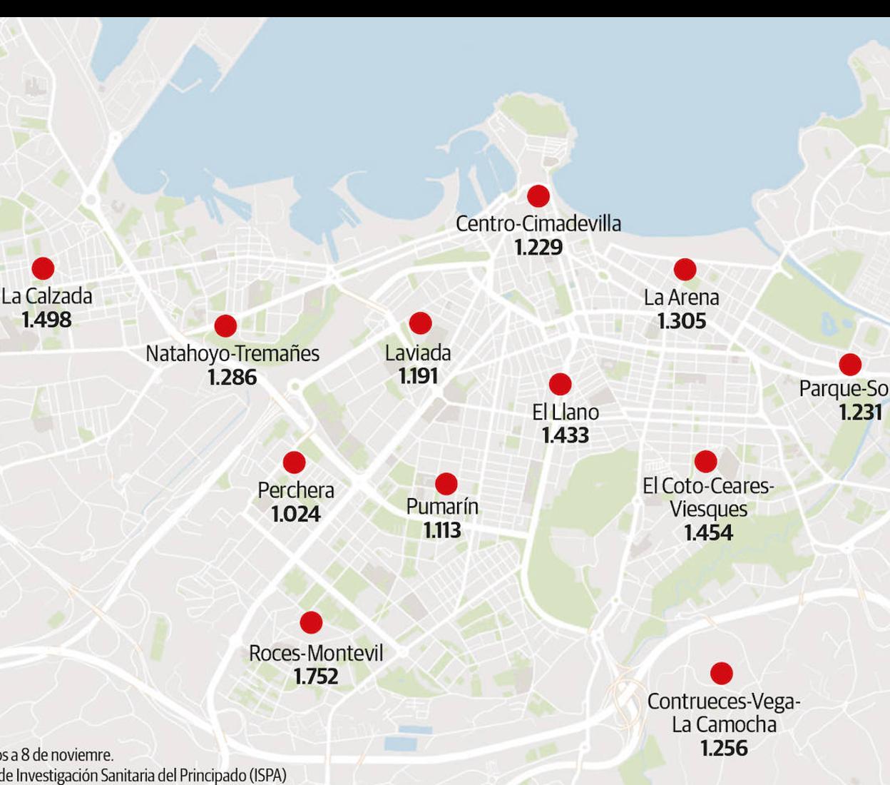 El número de afectados por el coronavirus por barrios, en Gijón.