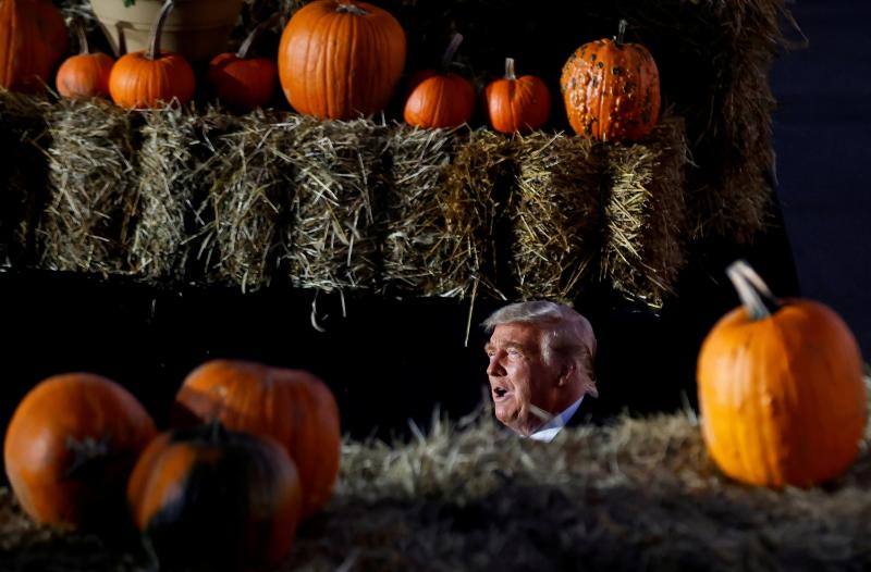  Donald Trump, entre calabazas durante un mitin de campaña en el Aeropuerto Regional de Pittsburgh-Butler en Butler, Pensilvania, EE UU, 31 de octubre de 2020. 