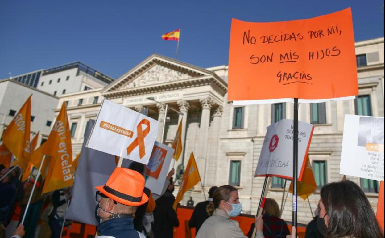 Concentración de colectivos de la educación concertada contra la 'Ley Celaá' el día de su aprobación.