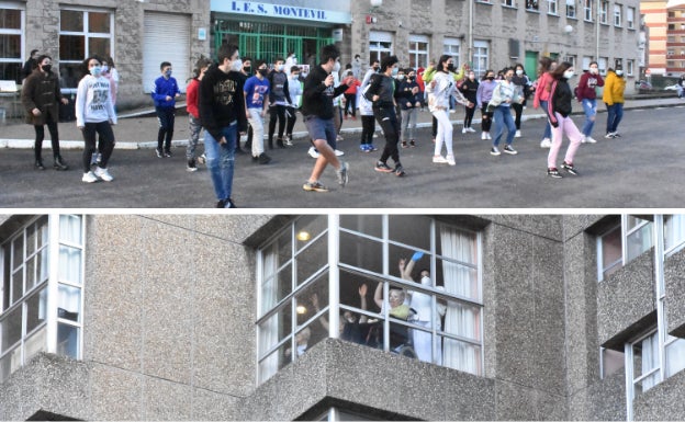 Son sus vecinos. Frente a frente instituto y residencia. Tan juntos pero a tanta distancia. Y en una situación tan especial y tan dura como esta pandemia. Por eso los estudiantes del IES Montevil de Gijón decidieron salir este miércoles delante del instituto para transmitirles ánimos y desearles unas felices fiestas a los mayores que cada día les ven entrar y salir con sus mochilas. Con bailes, con pancartas y con saludos les hicieron ver que no están solos y que los abuelos son muy especiales.