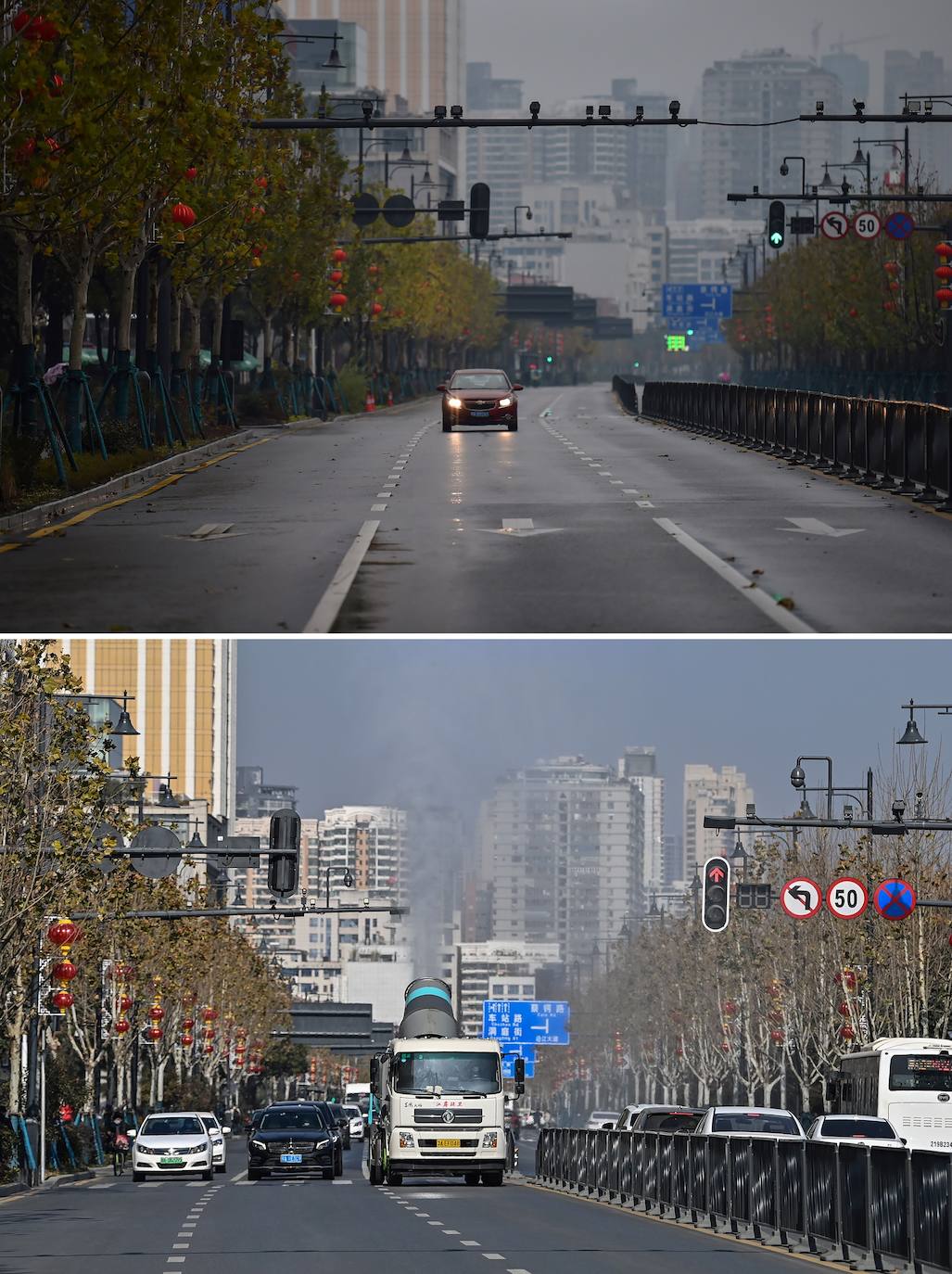 La pasada semana se cumplió un año desde el inicio de un bloqueo de 76 días en Wuhan. La lucha frente al coronavirus aún no ha finalizado, aunque el epicentro de la pandemia parece estar recobrando el pulso. En esta comparativa podemos ver cómo ha afectado la covid-19 a la ciudad. En las imágenes de arriba, Wuhan en enero de 2021 y abajo, Wuhan en enero de 2020. 