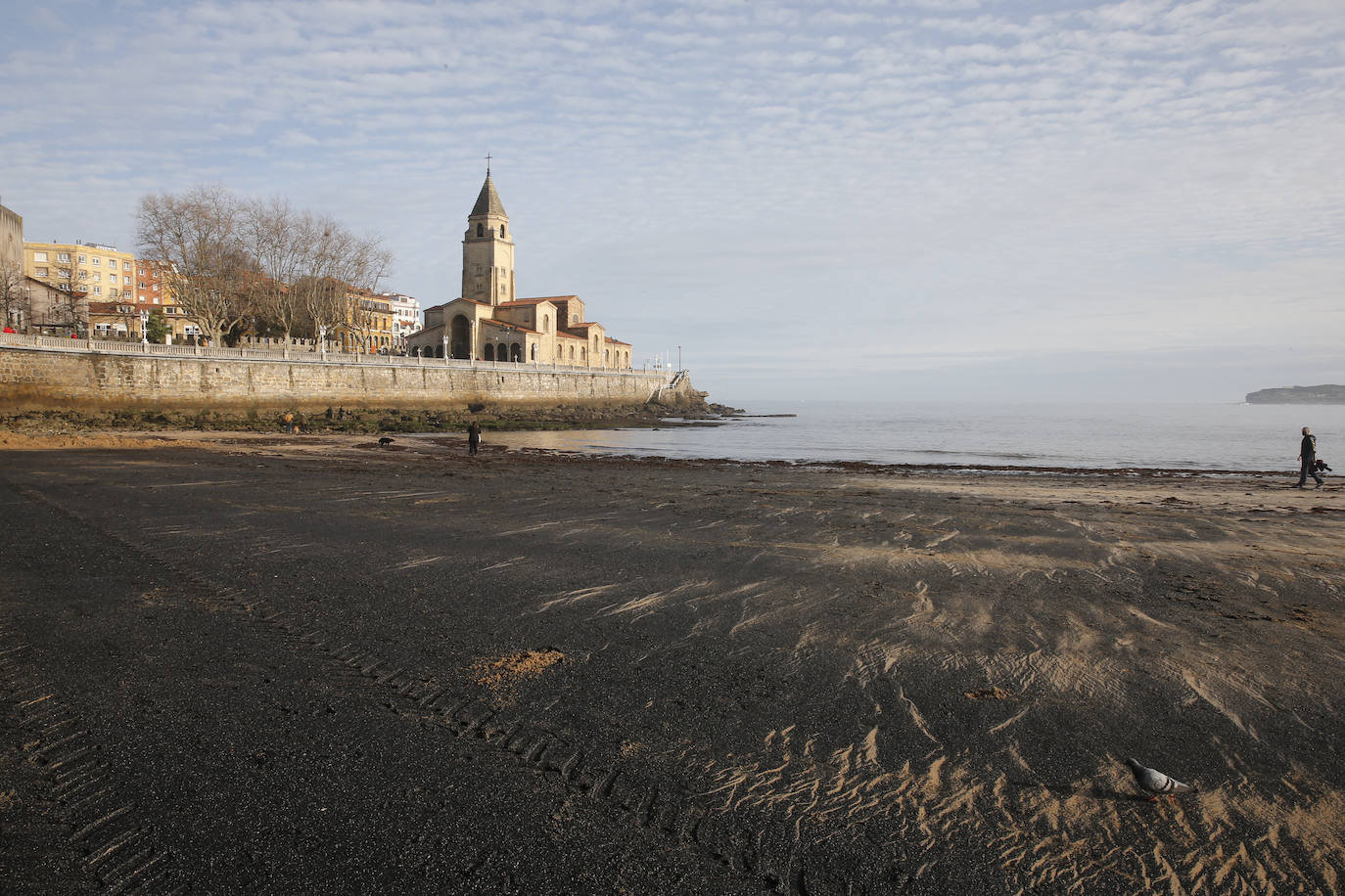 La gijonesa playa de San Lorenzo ha vuelto a amanecer cubierta de carbón, creando una estampa que sigue impactando.