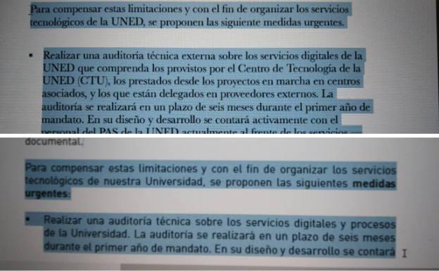 Arriba, imagen de una parte del programa de Victoria Marrero, candidata a rectora de la UNED en 2018; abajo, imagen del programa de Ignacio Villaverde, candidato a rector de la Universidad de Oviedo.