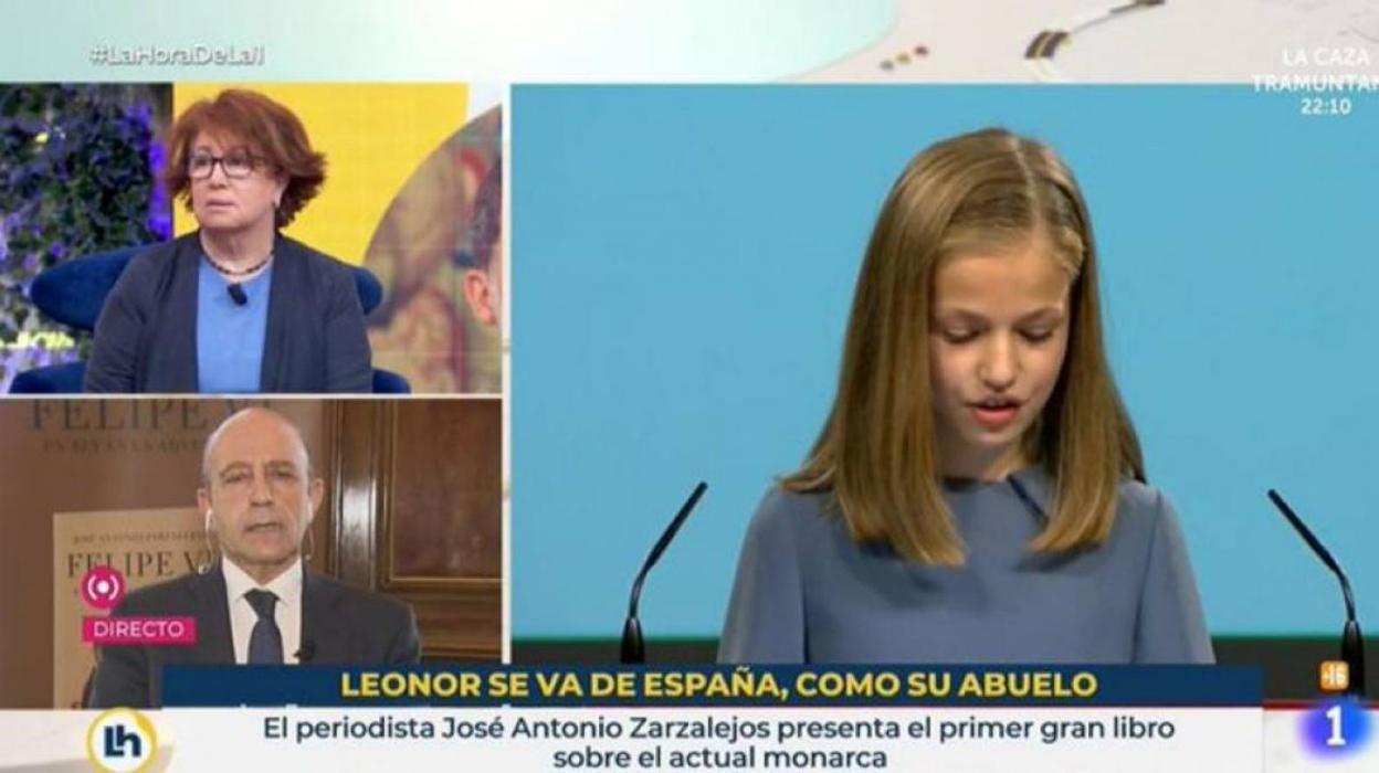El rótulo, con los periodistas José Antonio Zarzalejos y Rosa Villacastín junto a la Princesa en pantalla. 