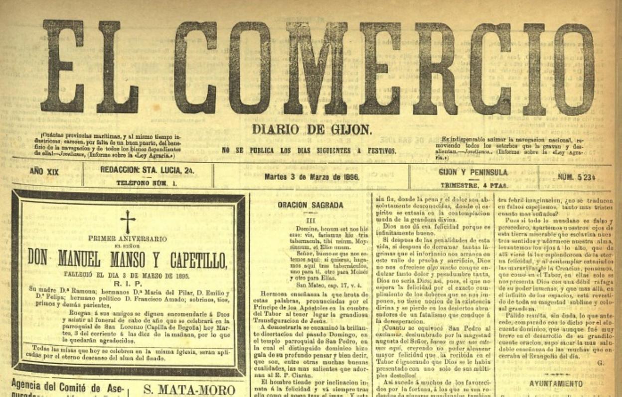 Primera página de EL COMERCIO del 2 de marzo de 1896.