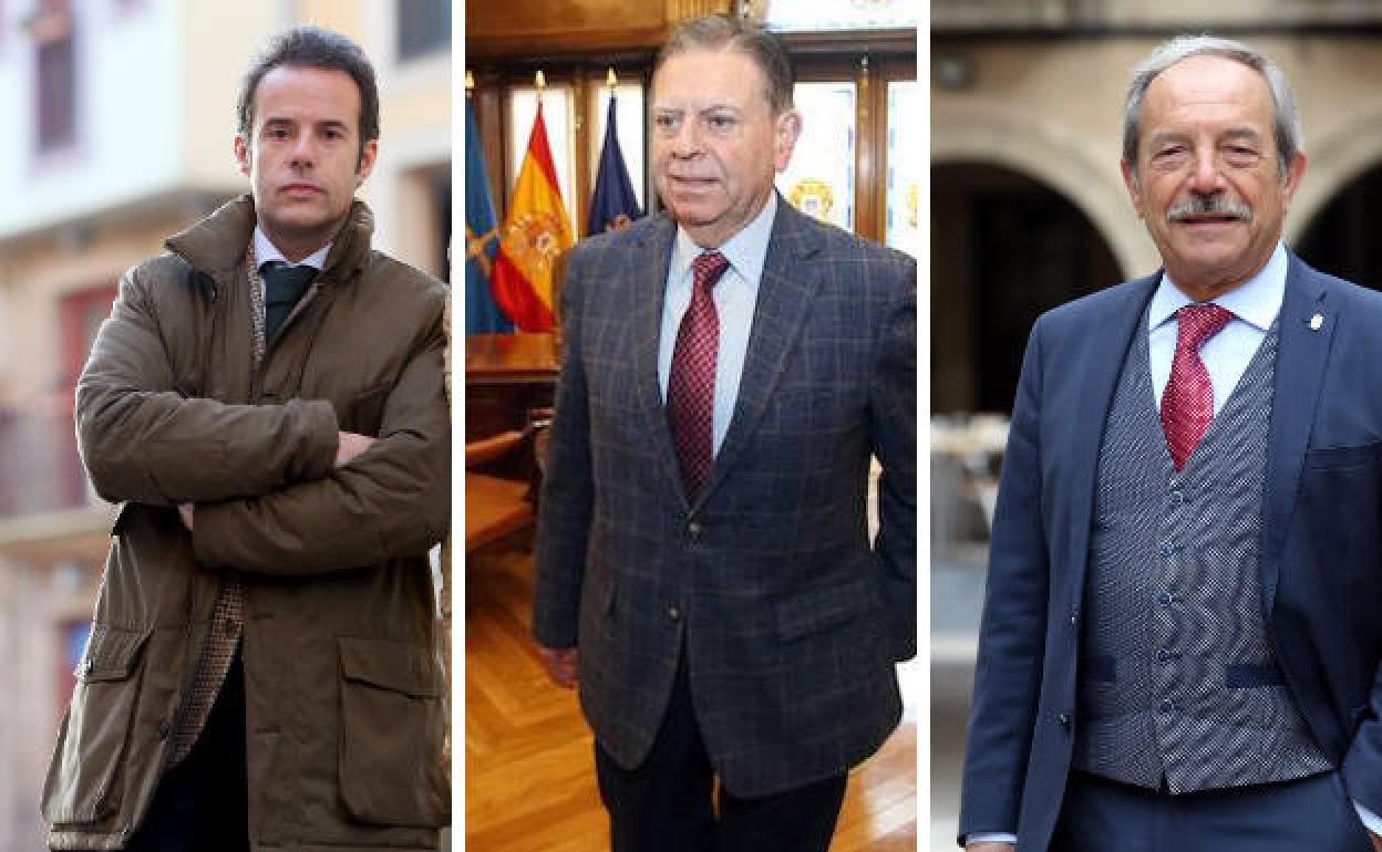 Ignacio Cuesta, de Ciudadanos y primer teniente de alcalde; Alfredo Canteli, alcalde popular ovetense, y Wenceslao López, portavoz del Grupo Municipal Socialista en el Ayuntamiento