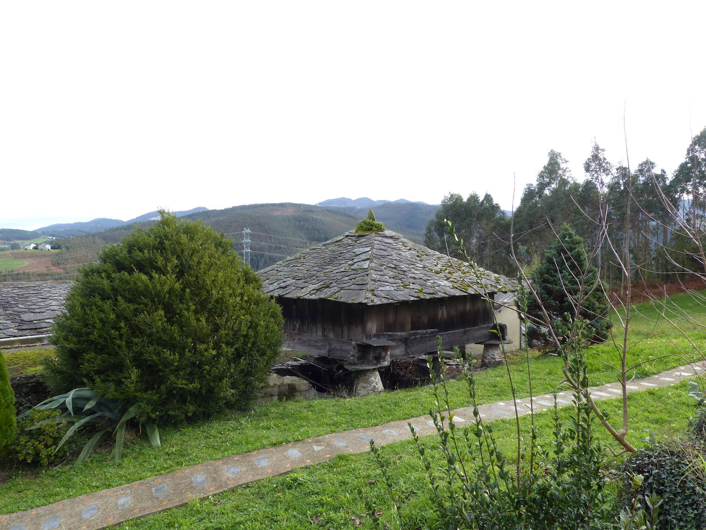 Frente a un hórreo, una de las construcciones más características en el paisaje asturiano 