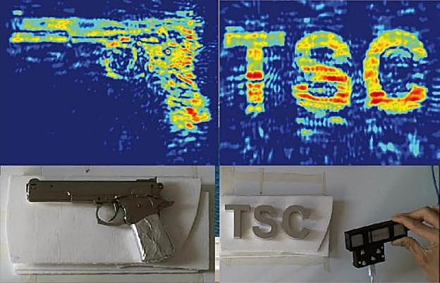 Demostración de cómo funciona el escáner desarrollado en la Universidad de Oviedo, con una pistola y unas letras metálicas. 