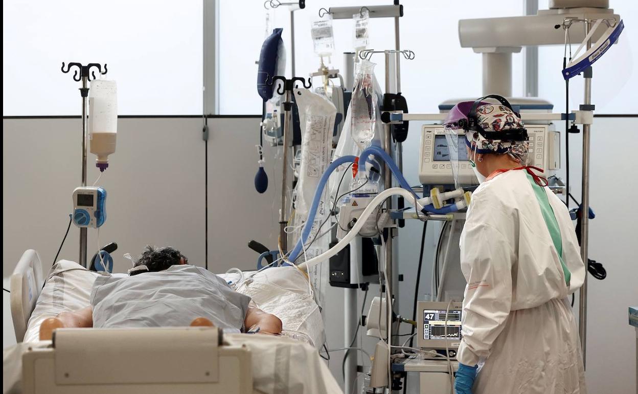 Una sanitaria atiende a una paciente hospitalizada por covid.