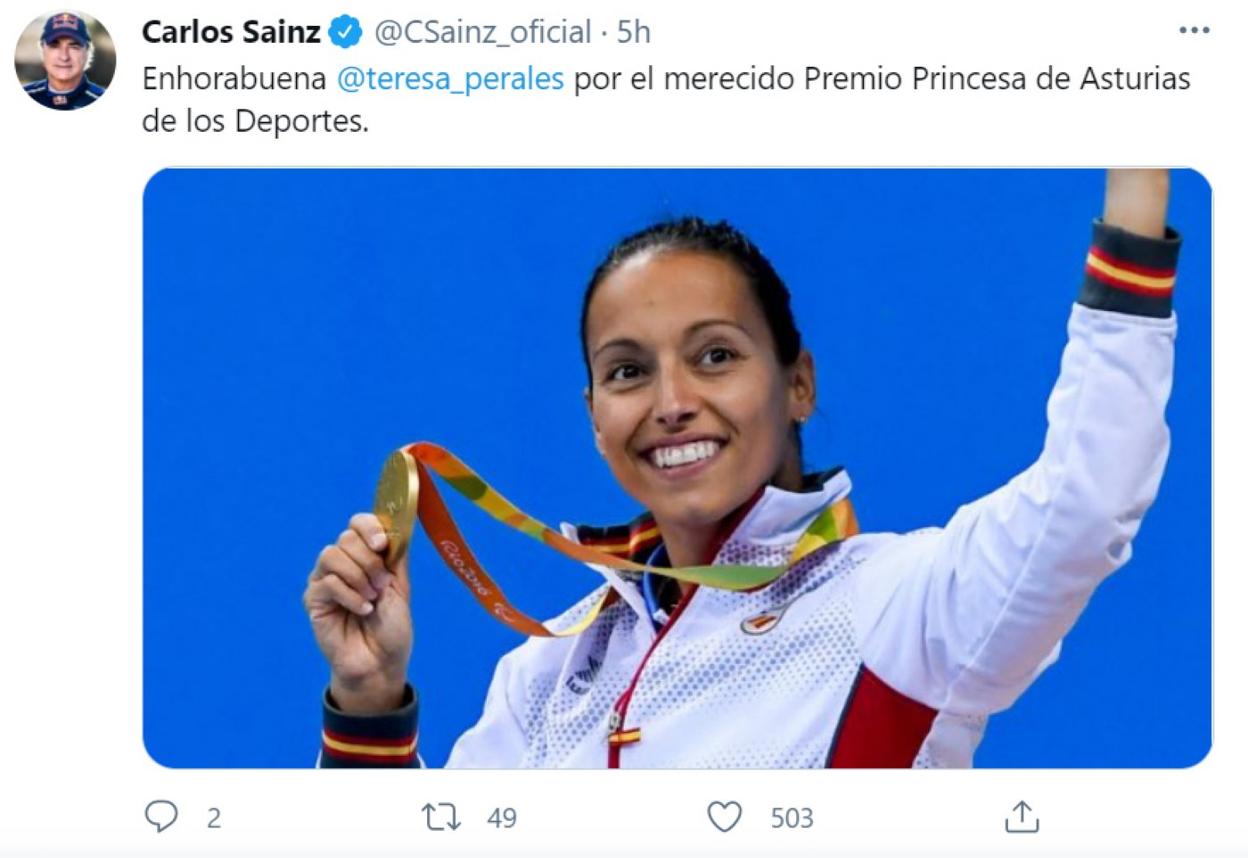 Carlos Sainz felicita a su sucesora por el «merecido premio»