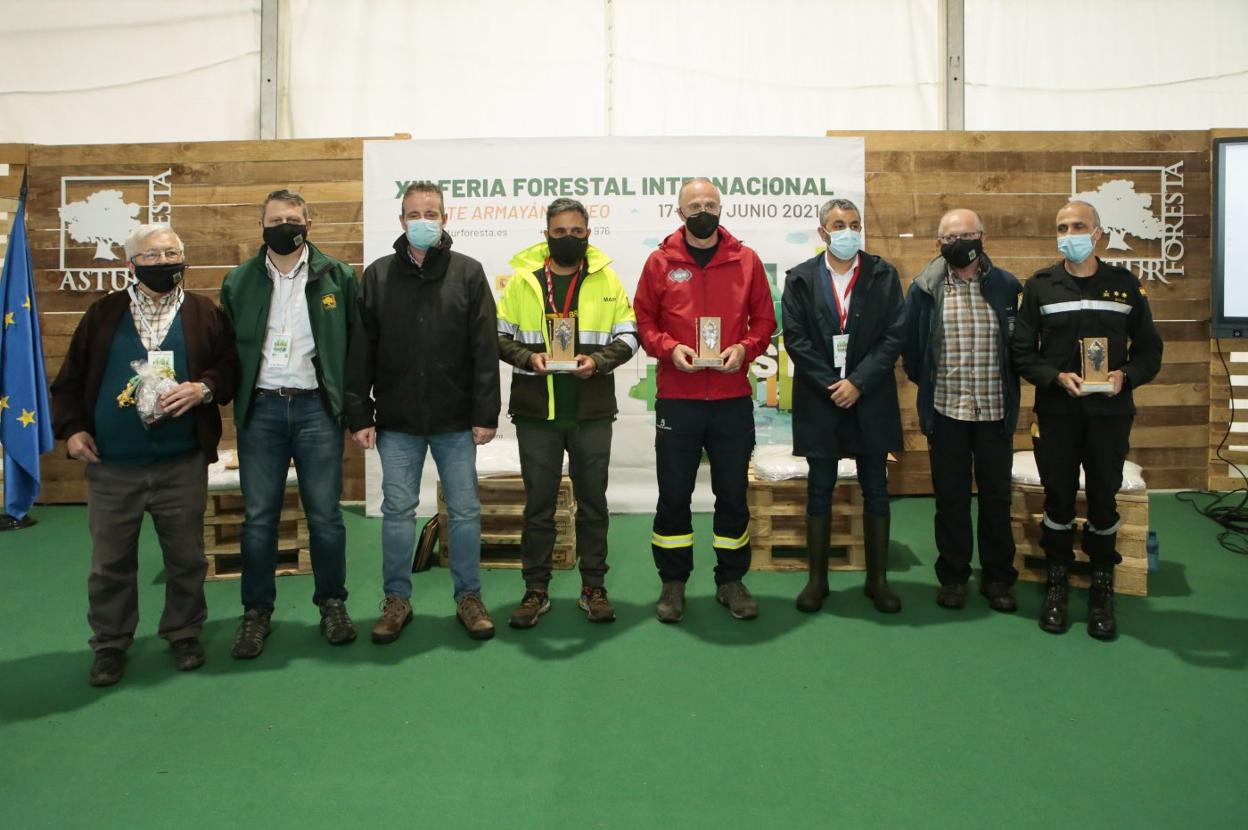 Los galardonados, con las autoridades, durante la entrega de los premios Carbayo de Oro en la primera jornada de Asturforesta. 