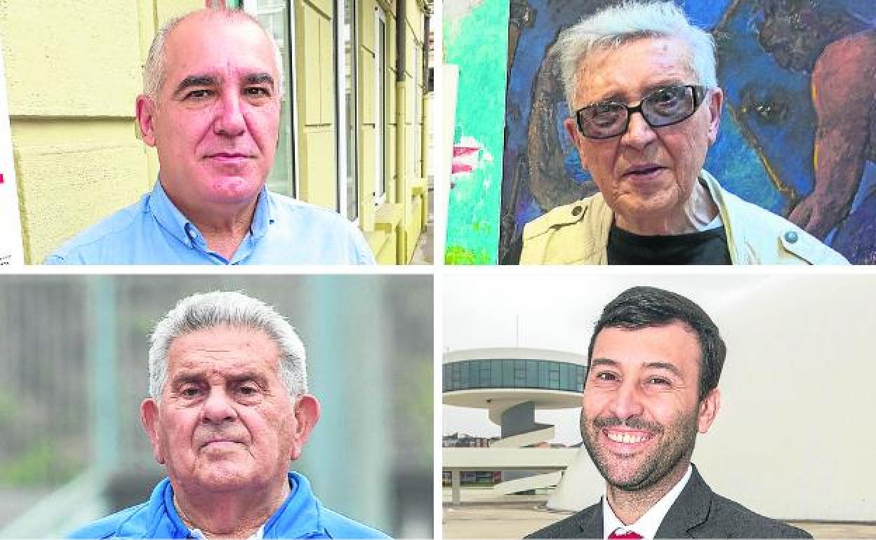 En sentido de las agujas del reloj: Carlos Vigil, presidente de Donantes de Sangre de Avilés y Corvera; el pintor y escultor Vicente Menéndez Santarúa; el entrenador de ateltismo José Antonio Suárez 'Pepete'; y Carlos Navalpotro, presidente de Asturiana de Zinc. 