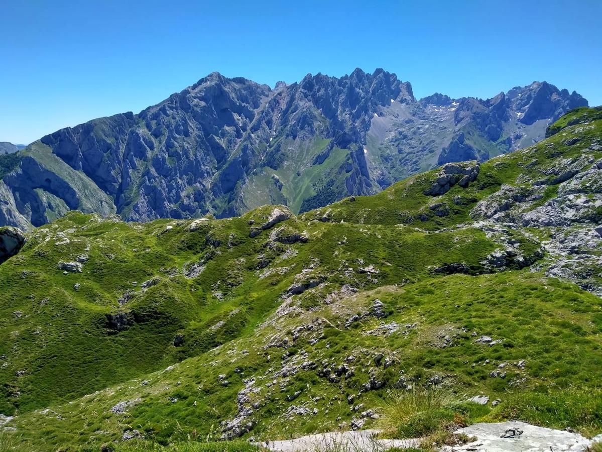 Vista al macizo central desde el final de la Canal de Trea, con Torrecerredo, Cabrones, el Tesorero, la Palanca y el Llambrión de fondo.