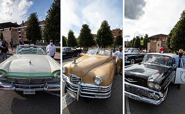 Andrés Llano, junto a su Ford Fairline, de 1956, en tono verde pastel. | Herminio Cárcaba posa junto a su vehículo Packard, de 1948, adquirido en Long Island. | Víctor Fernández con su auténtico coche policial de Atlantic City, de 1958.