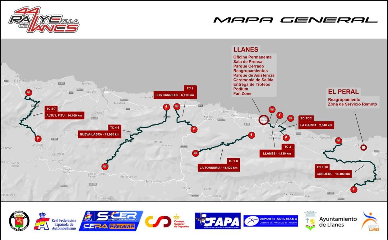 Mapa general de la prueba con la ubicación de las seis especiales y el shakedown. 