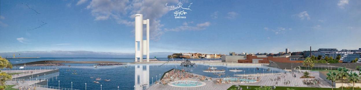 Recreación de la propuesta elegida, con una torre eólica, por los gijoneses para reformar la fachada marítima. 