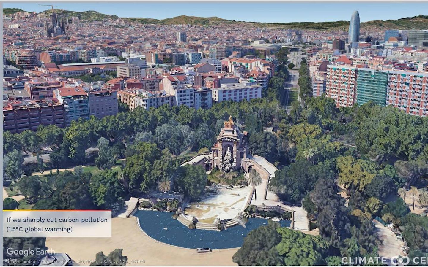 Climate Central publica una serie de ilustraciones fotorrealistas de 50 ciudades con las consecuencias del calentamiento global durante varios siglos si no se frena el cambio climático. En la imagen el Parc de la Ciudatella en Barcelona.