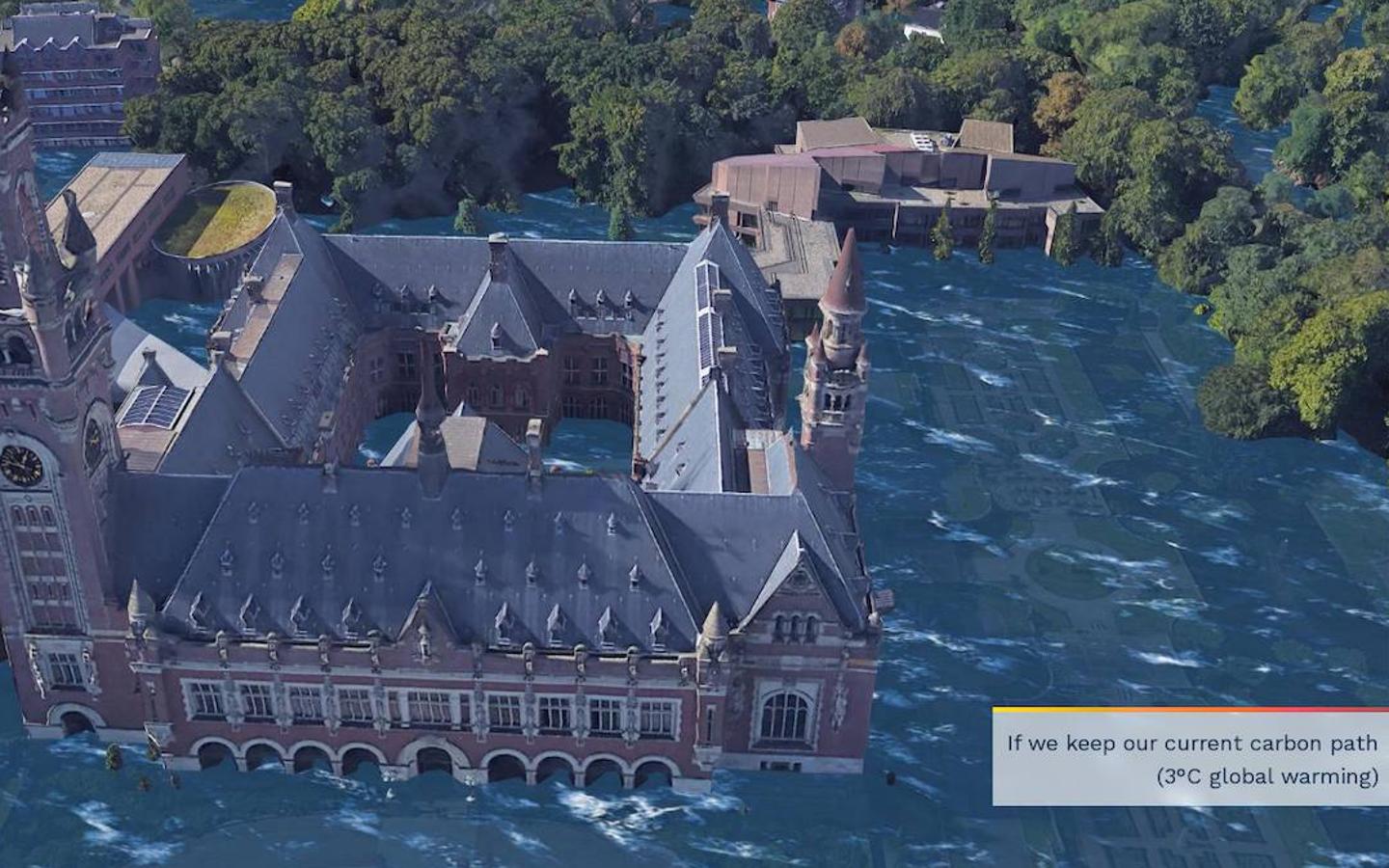 Climate Central publica una serie de ilustraciones fotorrealistas de 50 ciudades con las consecuencias del calentamiento global durante varios siglos si no se frena el cambio climático. Peace Palace (La Haya, Países Bajos)