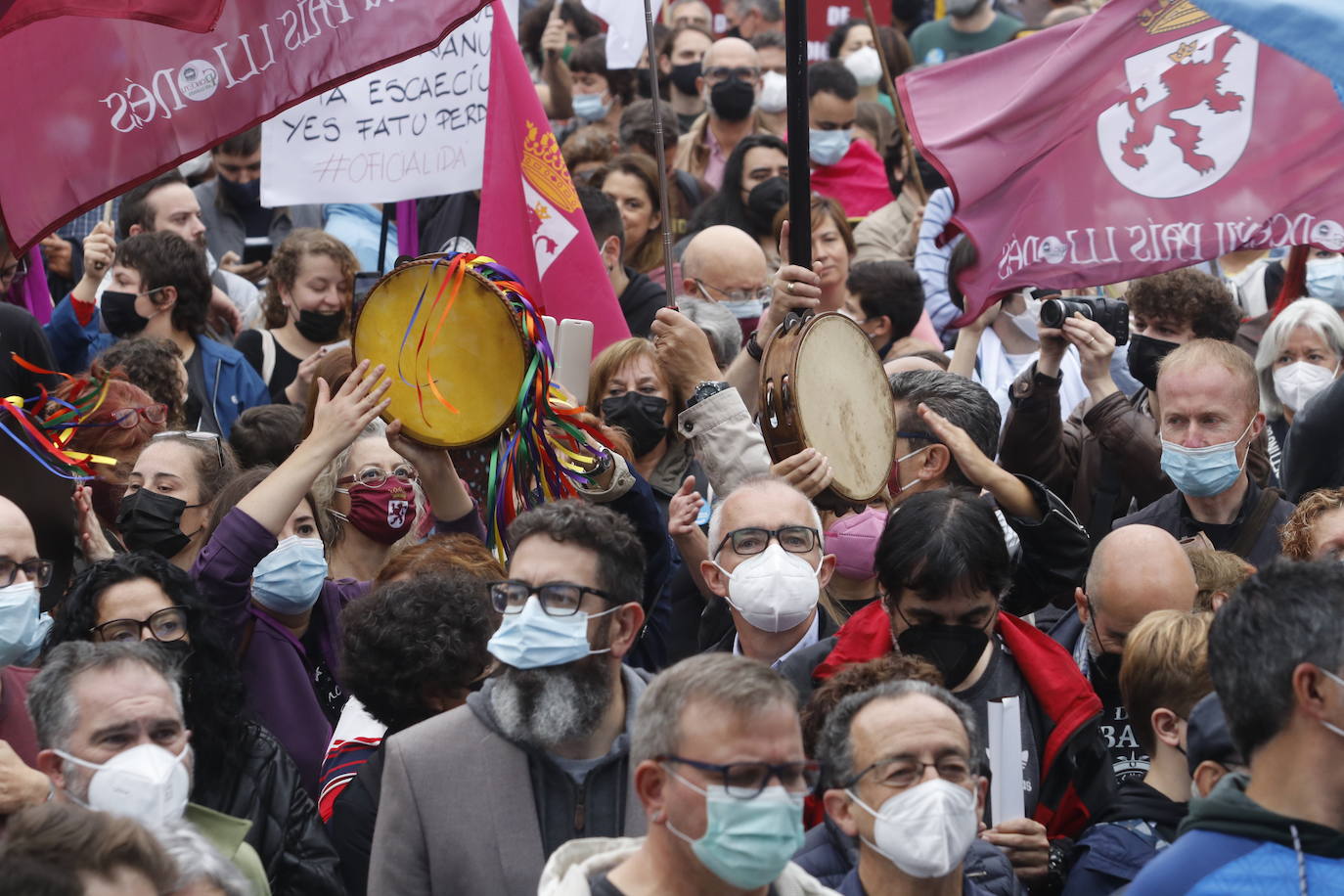 Miles de personas recorren el centro de Oviedo en la concentración por la oficialidad de la llingua. 