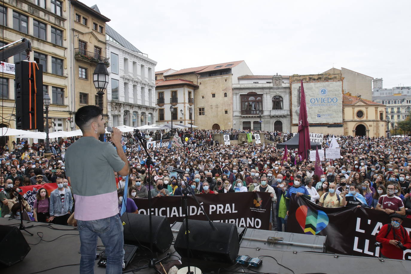 Miles de personas recorren el centro de Oviedo en la concentración por la oficialidad de la llingua. 