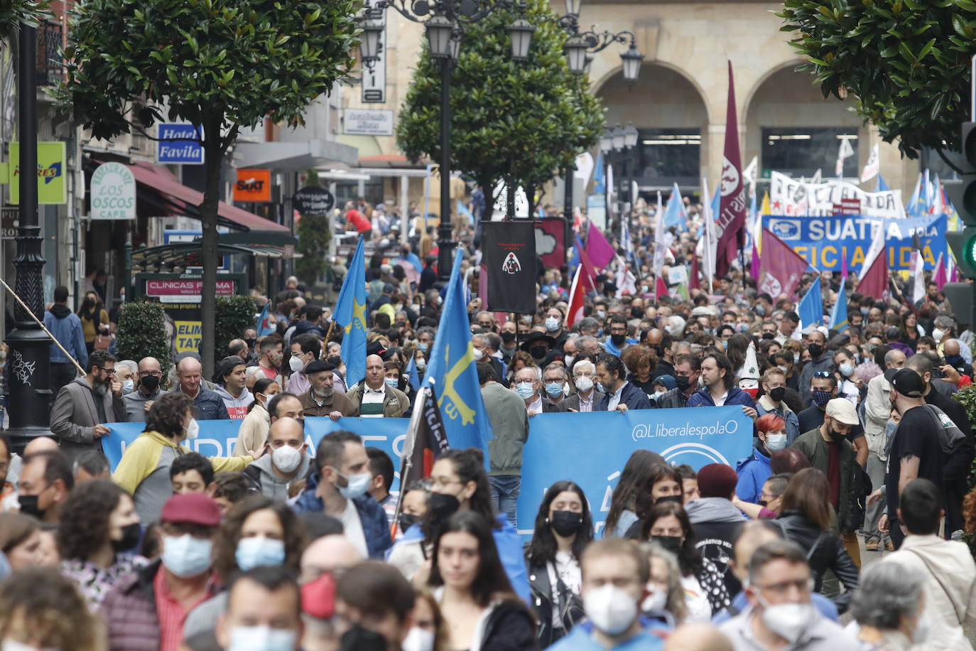 Miles de personas recorren el centro de Oviedo en la concentración por la oficialidad de la llingua. 