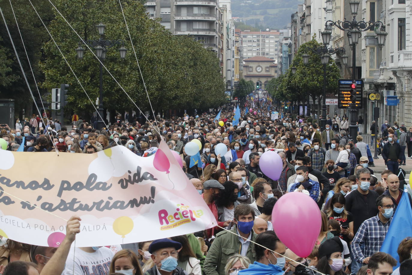 Miles de personas recorren el centro de Oviedo en la concentración por la oficialidad de la llingua. 