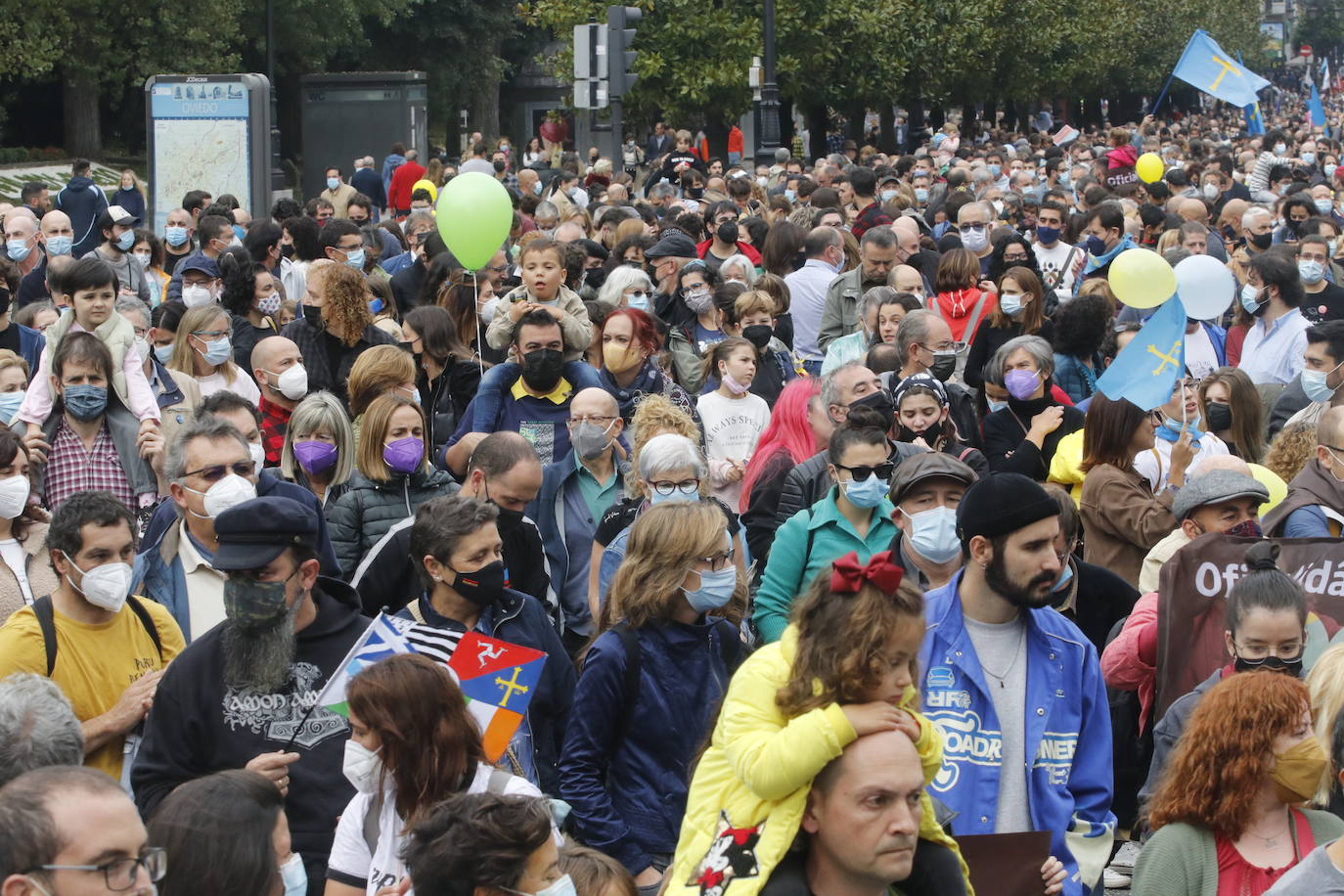Miles de personas recorren el centro de Oviedo en la concentración por la oficialidad de la llingua. 