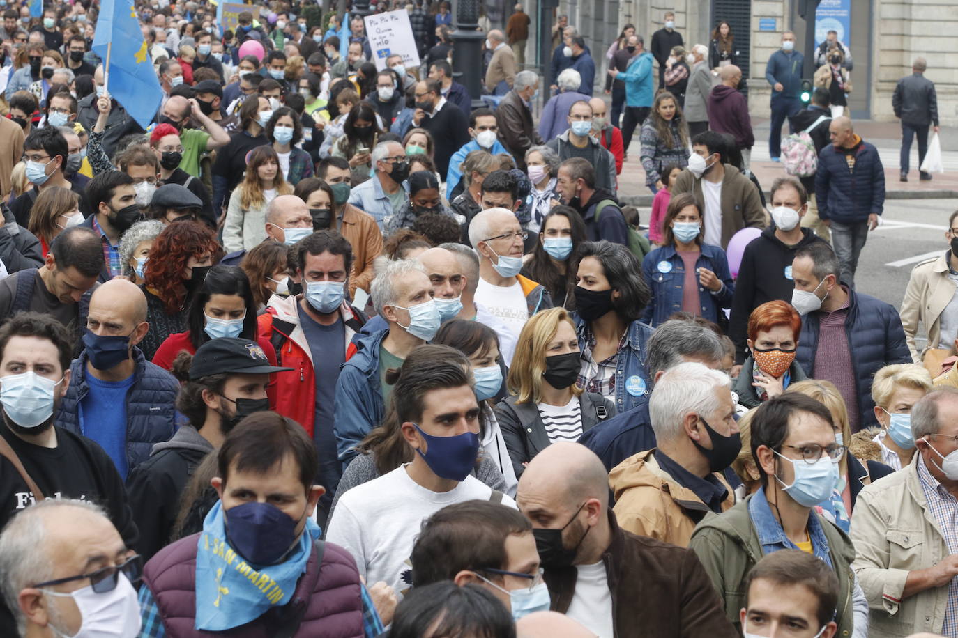 Miles de personas recorren el centro de Oviedo en la concentración por la oficialidad de la llingua. 