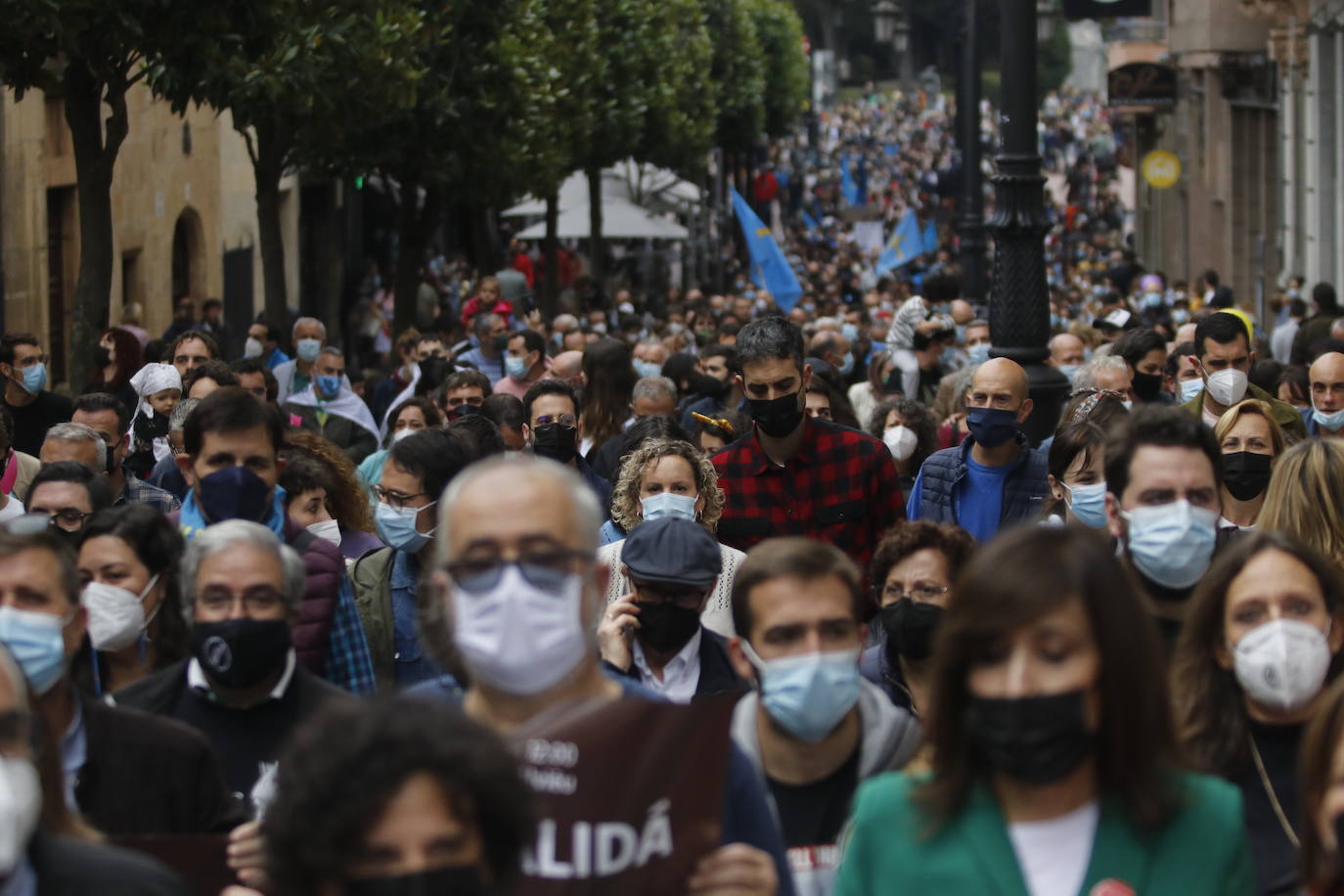 Miles de personas recorren el centro de Oviedo en la concentración por la oficialidad de la llingua. 